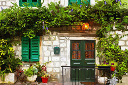 Kőház zöld ablakokkal